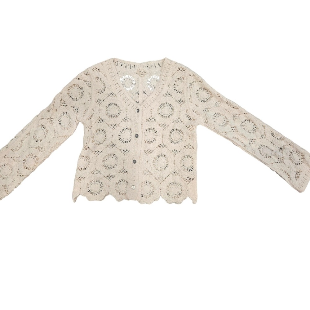 POL Cream Crochet Medallion Cardigan Button Front Scalloped Hem Cotton SMC41